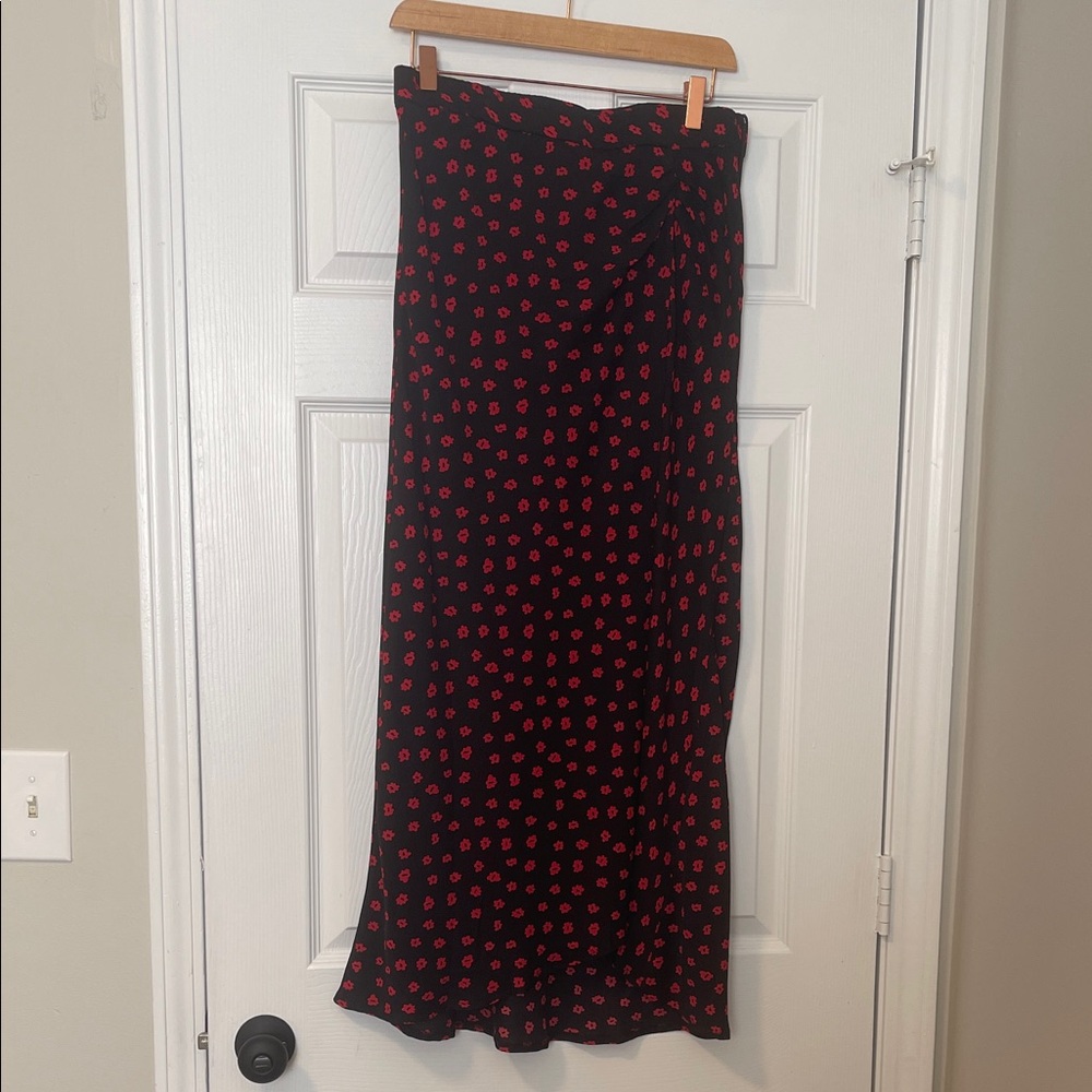 Black Midi Skirt with Slit Red Floral Print